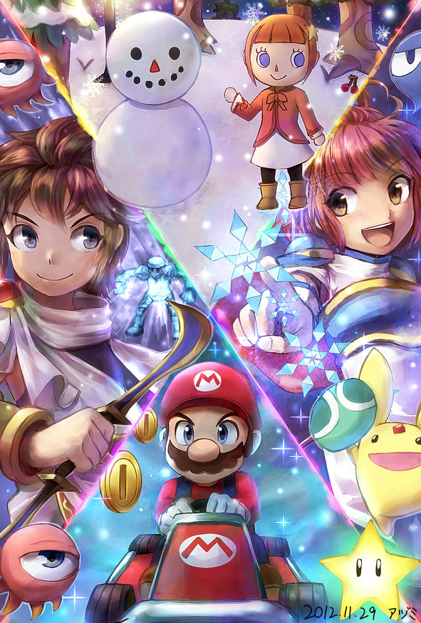 :d animal_crossing arle_nadja azumi_(tks-sd) brown_hair carbuncle_(puyopuyo) character_request copyright_request creature crossover dated hat holding holding_sword holding_weapon kid_icarus kid_icarus_uprising mario mario_(series) mario_kart monoeye nintendo open_mouth palutena_bow_(kid_icarus) puyopuyo red_hair red_hat smile snowman snowman_(kid_icarus) spiked_hair sword villager_(animal_crossing) weapon winter