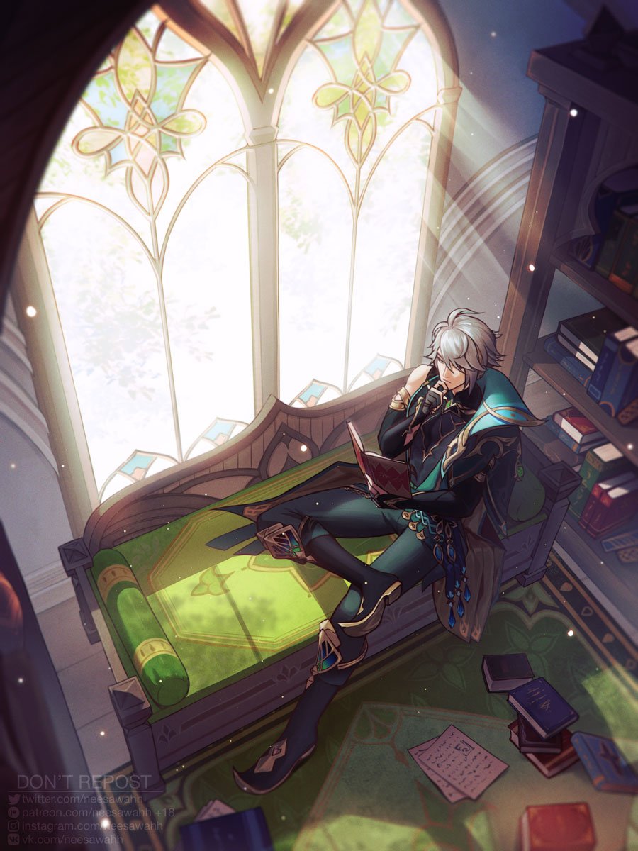 1boy alhaitham_(genshin_impact) antenna_hair artist_name black_boots black_gloves black_pants black_shirt book book_stack bookshelf boots cable cape chest_jewel closed_mouth couch crossed_legs day elbow_gloves expressionless from_above gem genshin_impact gloves gold_trim green_cape green_gemstone grey_hair hair_over_one_eye hand_on_own_chin hand_up hashtag-only_commentary highres holding holding_book indoors instagram_logo instagram_username light_particles light_rays male_focus neesawahh on_couch one_eye_covered open_book pants paper partially_fingerless_gloves patreon_logo patreon_username pillow reading rug shadow shirt short_hair sidelocks sitting sleeveless sleeveless_shirt solo stained_glass swept_bangs tile_floor tiles twitter_logo twitter_username vision_(genshin_impact) vkontakte_logo vkontakte_username watermark web_address window