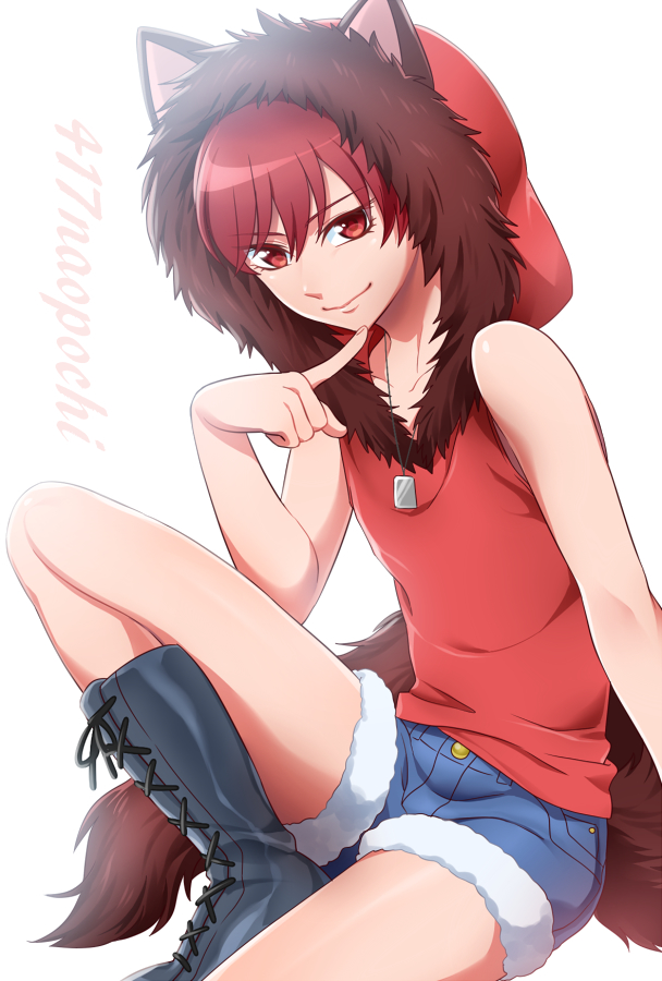 0417nao 1girl animal_ears animal_hood black_ribbon blue_shorts closed_mouth denim denim_shorts dog_ears dog_hood dog_tags dog_tail fake_animal_ears fur_hat grey_footwear hair_between_eyes hat hood hood_up hooded_shirt kenjou_akira kirakira_precure_a_la_mode looking_at_viewer precure red_eyes red_hair red_shirt ribbon shirt short_hair short_shorts shorts simple_background sitting sleeveless sleeveless_shirt smile solo tail white_background
