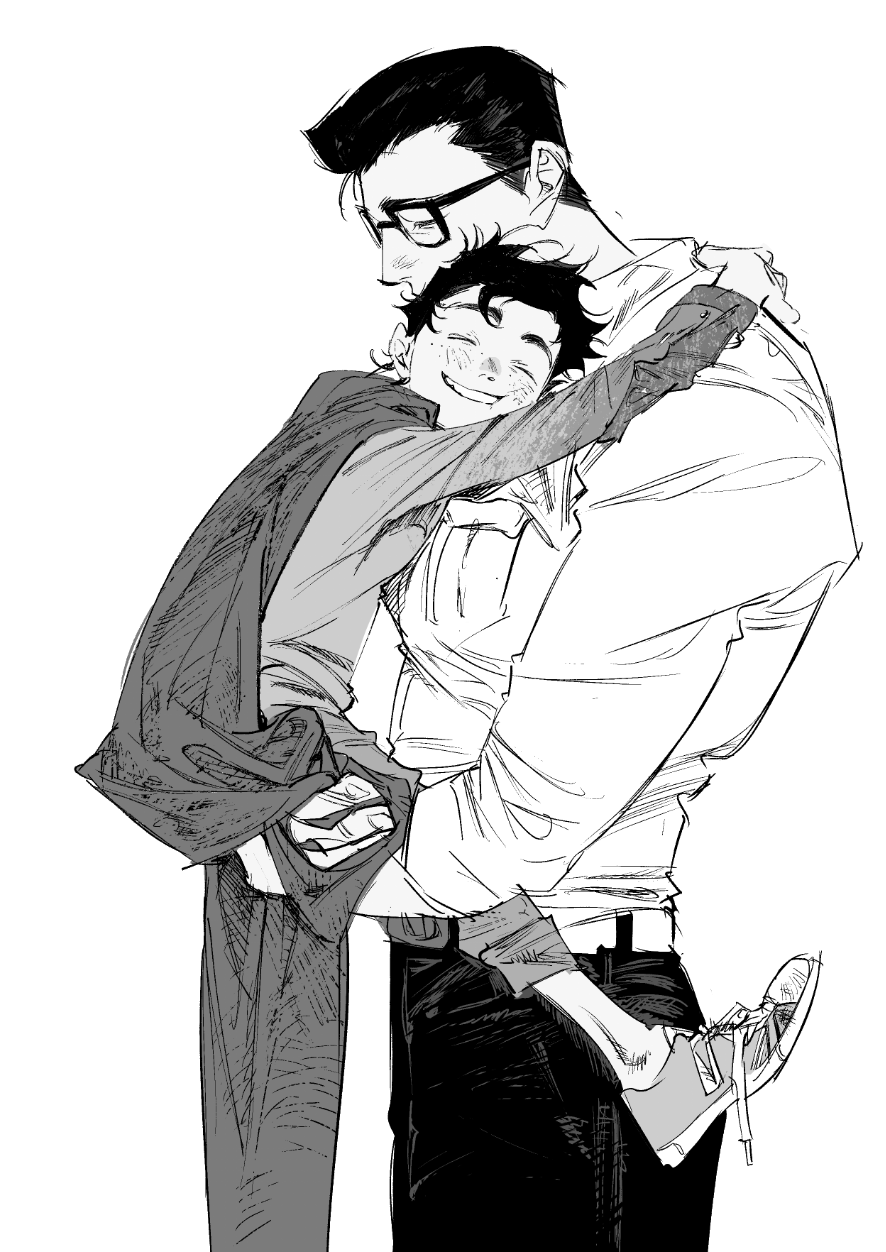 2boys arms_around_neck atie1225 belt breast_pocket cape carrying carrying_person clark_kent closed_eyes commentary dc_comics english_commentary father_and_son glasses greyscale grin highres holding hug jonathan_kent long_sleeves male_focus monochrome multiple_boys pants pocket shirt_tucked_in shoelaces shoes short_hair sideburns smile sneakers standing superman_(series)