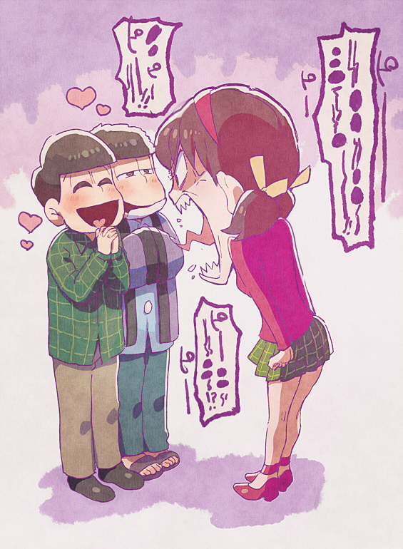 1girl 2boys ^_^ alternate_costume anger_vein angry aoki_(fumomo) aqua_pants black_sandals blue_shirt blunt_bangs bow brothers brown_eyes brown_hair brown_pants brown_shoes buttons clenched_hand closed_eyes collared_shirt dress_shoes dripping full_body gradient_background green_shirt green_skirt hair_bow hairband half-closed_eyes haori happy heart heart_in_mouth high_heels interlocked_fingers jacket japanese_clothes long_sleeves looking_at_another low_twintails mask matsuno_choromatsu matsuno_ichimatsu medium_hair miniskirt mouth_mask multiple_boys open_mouth osomatsu-san osomatsu_(series) own_hands_clasped own_hands_together pants pink_hairband pink_shirt plaid_clothes plaid_shirt plaid_skirt pleated_skirt pumps purple_background purple_jacket red_shoes saliva sandals screaming shadow sharp_teeth shirt shoes short_hair short_twintails siblings skirt sleeves_past_fingers sleeves_past_wrists smile smirk speech_bubble standing teeth toes tongue translation_request twintails white_mask wide-eyed wide_sleeves yellow_bow yowai_totoko