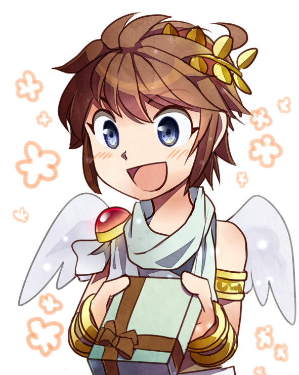 1boy :d ahoge androgynous angel angel_wings armlet azumi_(tks-sd) box bracer brown_hair floral_background gift gold_armlet holding holding_box holding_gift jewelry kid_icarus kid_icarus_uprising laurel_crown light_blush looking_at_object male_focus nintendo open_mouth pit_(kid_icarus) scarf sidelocks single_bare_shoulder smile solo spiked_hair white_wings wings