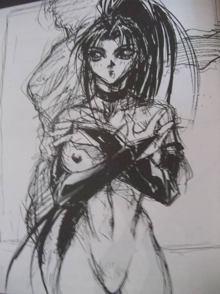 1990s_(style) 1girl choker choujin_gakuen_gowcaizer clothed_male_nude_female covering_breasts covering_privates highres hishizaki_shaia_(gowcaizer) lowres monochrome nude oobari_masami photo_(medium) ponytail retro_artstyle sketch