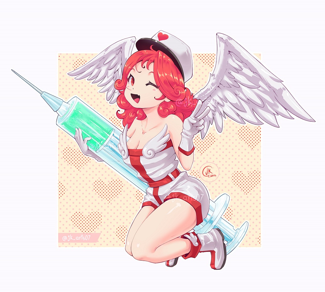 1girl artist_logo artist_name boots breasts cleavage collarbone dot_nose duel_monster eyebrows eyelashes fang feathered_wings feathers feet_up female_focus flying from_side full_body gloves hand_up hat injection_fairy_lily jk_arts logo long_hair looking_at_viewer matching_hair/eyes medium_breasts multicolored_boots needle one_eye_closed open_mouth red_boots red_eyes red_gloves red_hair red_shirt red_shorts shirt shorts simple_background skin_fang smile solo strapless strapless_shirt syringe two-tone_background two-tone_boots two-tone_gloves two-tone_shirt two-tone_shorts v watermark wavy_hair white_background white_boots white_feathers white_gloves white_hat white_shirt white_shorts wings wink yellow_background yu-gi-oh!