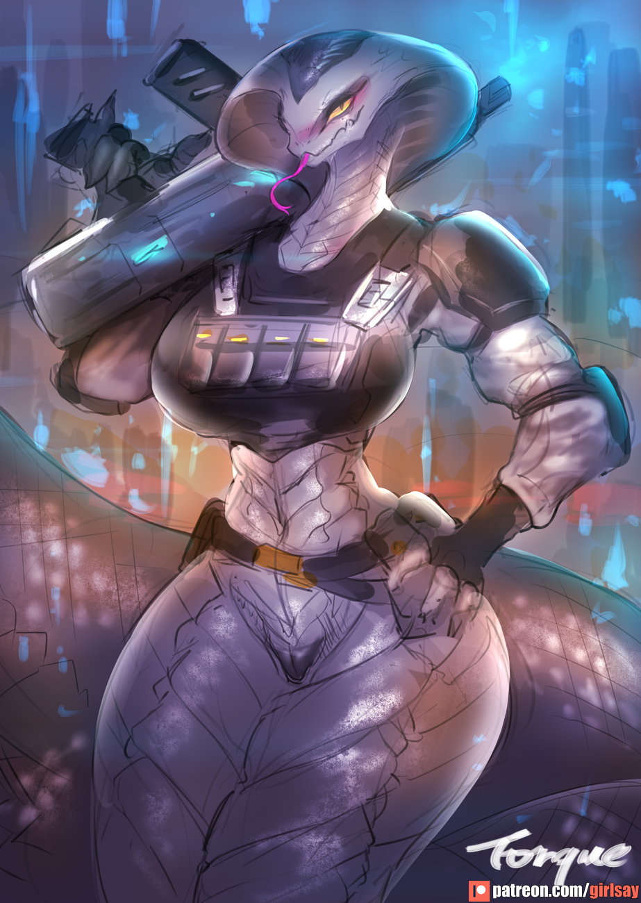 1girl breasts colored_sclera colored_skin energy_gun female_focus flak_jacket forked_tongue girlsay gun handgun highres holster jacket lamia laser_rifle monster_girl pistol purple_skin pussy slit_pupils solo toned tongue torque_(xcom) viper_(xcom_2) weapon x-com xcom:_chimera_squad yellow_sclera