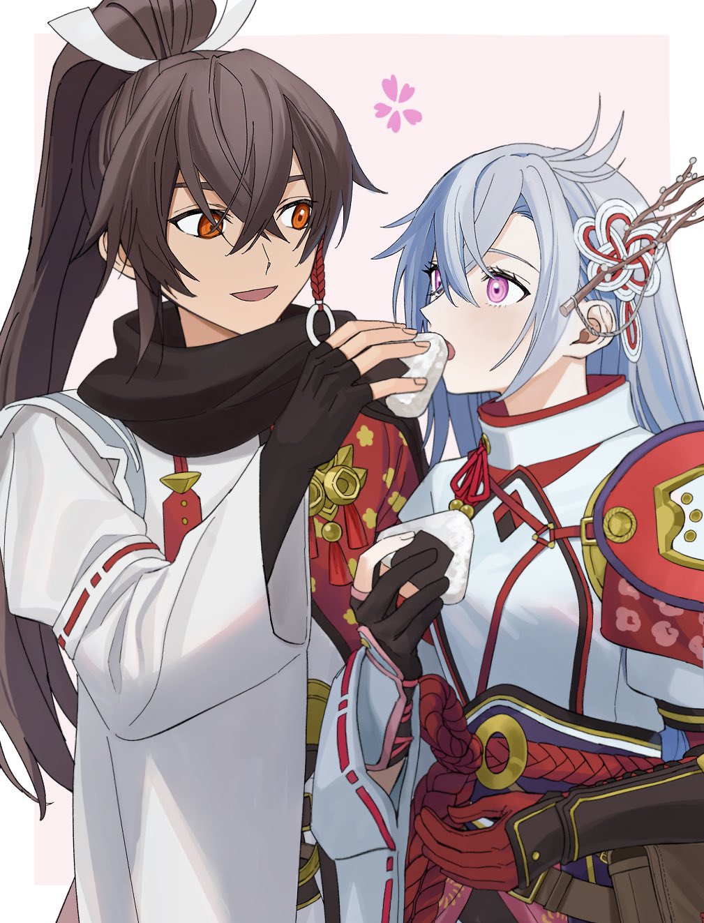 armor black_hair blush commentary crossed_bangs feeding food gloves grey_hair hair_between_eyes hair_ornament hair_ribbon hetero highres holding holding_food japanese_armor japanese_clothes kaguya_(rune_factory) long_hair onigiri open_mouth orange_eyes ponytail purple_eyes ribbon ribbon-trimmed_sleeves ribbon_trim rune_factory rune_factory:_guardians_of_azuma shijima_(4jima) simple_background subaru_(rune_factory) two-tone_background wide_sleeves