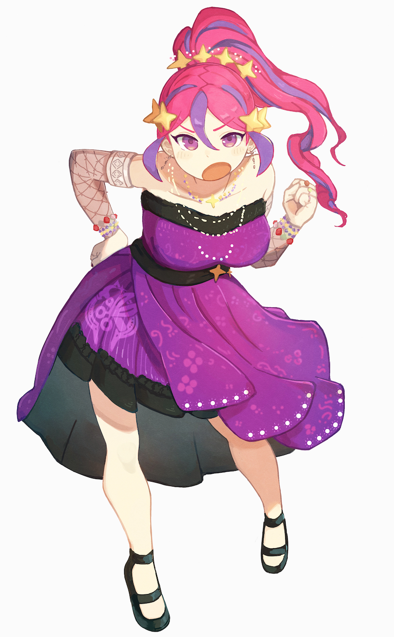 1girl bare_shoulders blush breasts collarbone dress duel_monster earrings fishnet_sleeves fishnets four-pointed_star full_body hair_between_eyes highres ishii_(young-moon) jewelry large_breasts leaning_forward multicolored_hair open_mouth pink_hair ponytail purple_eyes simple_background solo strapless strapless_dress two-tone_hair white_background witchcrafter_edel yu-gi-oh!
