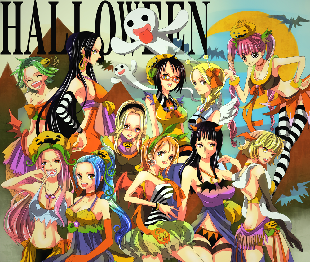 6+girls alvida_(one_piece) amazon_warrior annotated bangle bat_(animal) black_hair blonde_hair blue_hair boa_hancock bracelet breasts bubble_skirt camie_(one_piece) candy cleavage conis_(one_piece) crop_top earrings elbow_gloves food food-themed_hair_ornament ghost glasses gloves green_hair hair_ornament halloween himerinco horns jack-o&#039;-lantern jewelry jewelry_bonney kaya_(one_piece) large_breasts lollipop long_hair marguerite_(one_piece) mermaid midriff monster_girl moon multiple_girls nami_(one_piece) navel nefertari_vivi nico_robin o-ring o-ring_top one_piece open_mouth orange_hair patterned_legwear perona pink_hair profile pumpkin pumpkin_hair_ornament pumpkin_hat sideboob skirt striped_clothes striped_legwear striped_thighhighs tail tashigi thighhighs very_long_hair