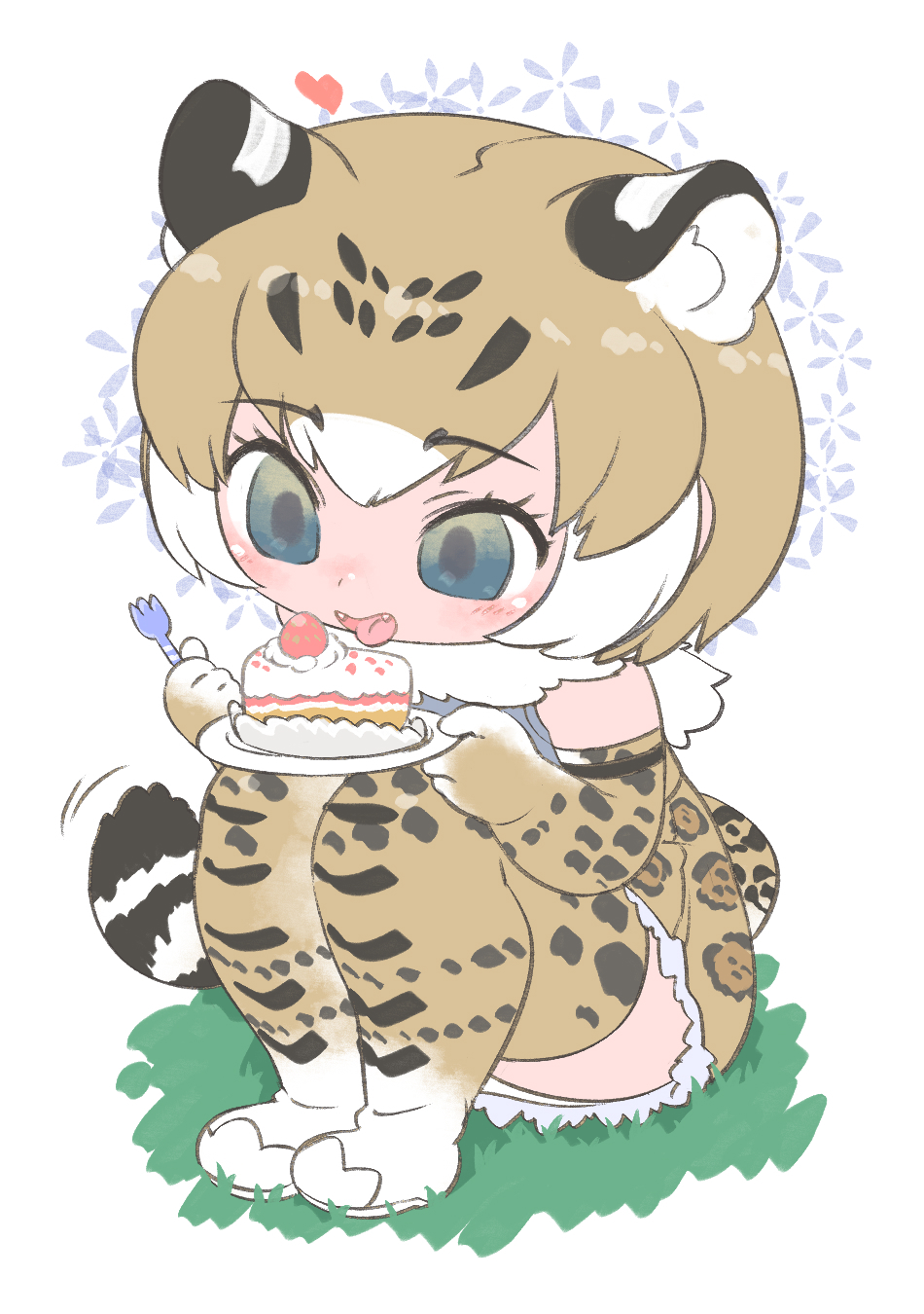 1girl animal_ears arizonan_jaguar_(kemono_friends) blue_eyes brown_hair cake elbow_gloves extra_ears food gloves heart highres jaguar_ears jaguar_girl leopard_print jaguar_tail kemono_friends kneehighs kuro_(kurojill) multicolored_hair shirt shoes short_hair simple_background skirt sleeveless sleeveless_shirt socks solo sweets tail tongue
