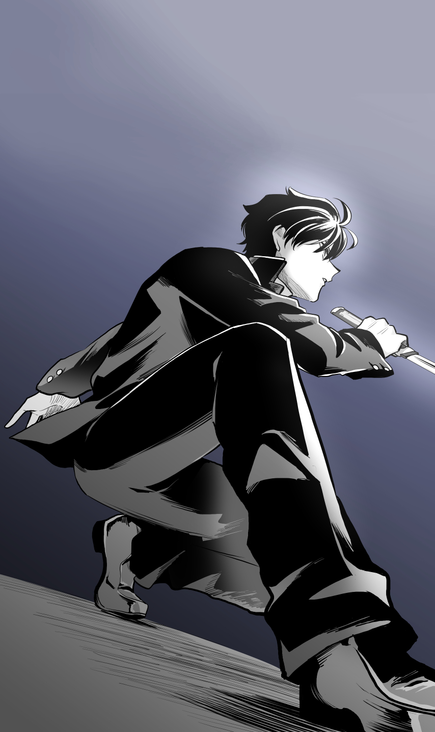 1boy commentary_request gakuran greyscale highres holding holding_knife knife loafers male_focus melty_blood metarogu monochrome nanaya_shiki profile school_uniform shoes solo squatting tsukihime