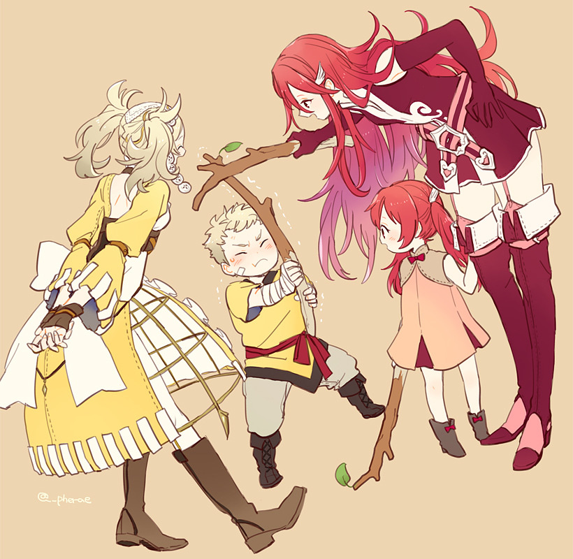 1boy 3girls blonde_hair cordelia_(fire_emblem) dress duel family fingerless_gloves fire_emblem fire_emblem_awakening gloves lissa_(fire_emblem) long_hair mother_and_daughter mother_and_son multiple_girls nintendo owain_(fire_emblem) red_eyes red_hair severa_(fire_emblem) short_hair simple_background smile spiked_hair struggling sweatdrop thighhighs branch twintails very_long_hair winged_hair_ornament