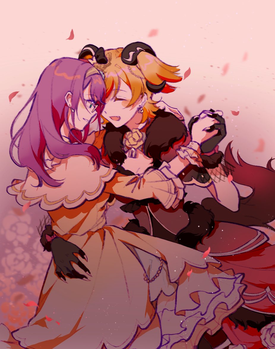 2girls :d arm_around_waist black_gloves black_robe blonde_hair blush blush_stickers brown_dress brown_robe capelet cleavage_cutout closed_eyes clothing_cutout commentary_request curled_horns daiba_nana dancing demon_horns dress earrings face-to-face facing_another fake_claws fake_tail falling_petals fang feet_out_of_frame floral_background flower frilled_capelet frilled_dress frilled_gloves frilled_wrist_cuffs frills fur-trimmed_belt fur-trimmed_gloves fur_collar fur_trim glasses gloves gold_hairband gold_trim gradient_background gradient_clothes gradient_dress gradient_robe green_eyes hair_ornament hairband hand_on_another&#039;s_shoulder hand_up hands_up harukasa holding_hands horns hoshimi_junna jewelry locket long_hair looking_at_another medium_skirt multiple_girls neck_flower official_alternate_costume open_mouth parted_lips pendant petals purple_background purple_hair red_dress red_ribbon ribbon robe rose short_hair short_sleeves shoujo_kageki_revue_starlight single_earring skirt smile tail three-quarter_sleeves two-tone_dress two_side_up white_background white_capelet white_flower white_petticoat white_rose white_trim wrist_cuffs wrist_ribbon yellow_dress yellow_flower yuri