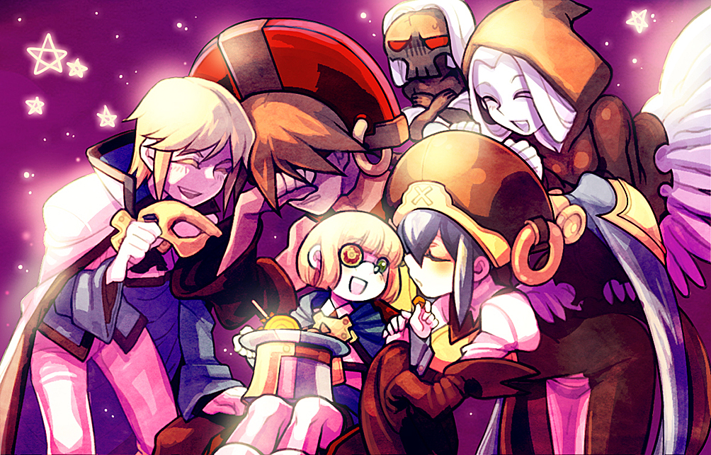 2girls 4boys asymmetrical_wings bad_id bad_pixiv_id blazblue blonde_hair blue_hair bow brown_hair carl_clover closed_eyes cosplay couple dizzy_(guilty_gear) eyepatch guilty_gear hood hoodie husband_and_wife ignis_(blazblue) ky_kiske long_hair mask multiple_boys multiple_girls necro_(guilty_gear) nirvana_(blazblue) parody ponytail relius_clover ribbon san_(winteroll) sin_kiske skull sol_badguy tail tail_ornament tail_ribbon tears undine_(guilty_gear) unworn_mask wings