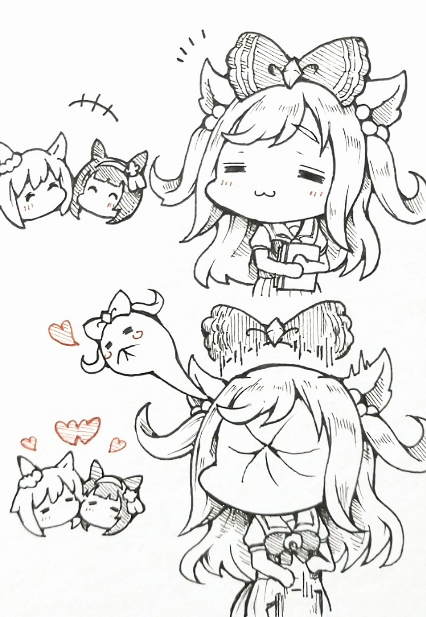 +++ 3girls :3 =_= agnes_digital_(umamusume) animal_ears blunt_bangs bob_cut book bow bowtie chibi dropping ear_covers garyuu_ryuuga giving_up_the_ghost greyscale hair_bow hairband heart highres holding holding_book horse_ears horse_girl long_hair meme monochrome multiple_girls nishino_flower_(umamusume) notice_lines pleated_skirt puckered_face puffy_short_sleeves puffy_sleeves sailor_collar sailor_shirt school_uniform seiun_sky_(umamusume) shirt short_hair short_sleeves single_ear_cover skirt so_moe_i&#039;m_gonna_die! spot_color summer_uniform tail thour_(meme) tracen_school_uniform two_side_up umamusume yuri