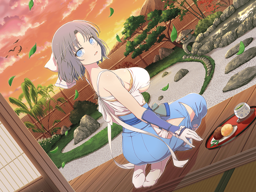 1girl architecture ass bamboo bird blue_eyes bonsai bow breasts east_asian_architecture folding_screen garden grey_hair hair_bow japanese_clothes large_breasts leaf looking_at_viewer looking_back medium_hair mountainous_horizon no_shoes non-web_source off_shoulder open_mouth plant porch rock_garden scenery senran_kagura senran_kagura_new_link sideboob sitting sliding_doors smile snack solo stone_lantern striped_bow sunset tea_set torn_clothes tray tree veranda wariza white_bow wooden_porch yumi_(senran_kagura)