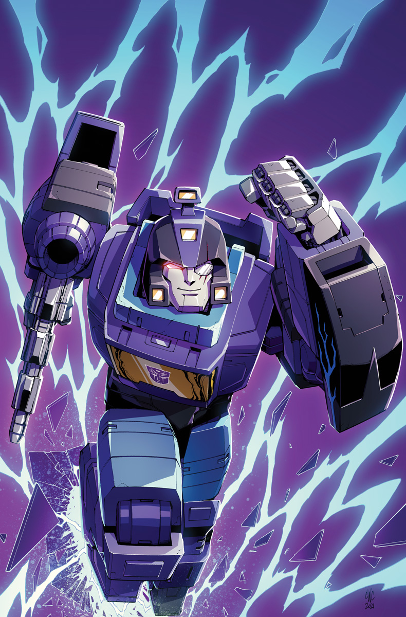 1boy artist_collaboration autobot blurr_(transformers) casey_w._coller clenched_hand comic_cover commentary english_commentary glowing glowing_eye gun highres holding holding_gun holding_weapon insignia joana_lafuente mecha no_humans official_art one_eye_covered robot running scar scar_across_eye scar_on_face science_fiction smile solo the_transformers_(idw) transformers transformers_shattered_glass weapon