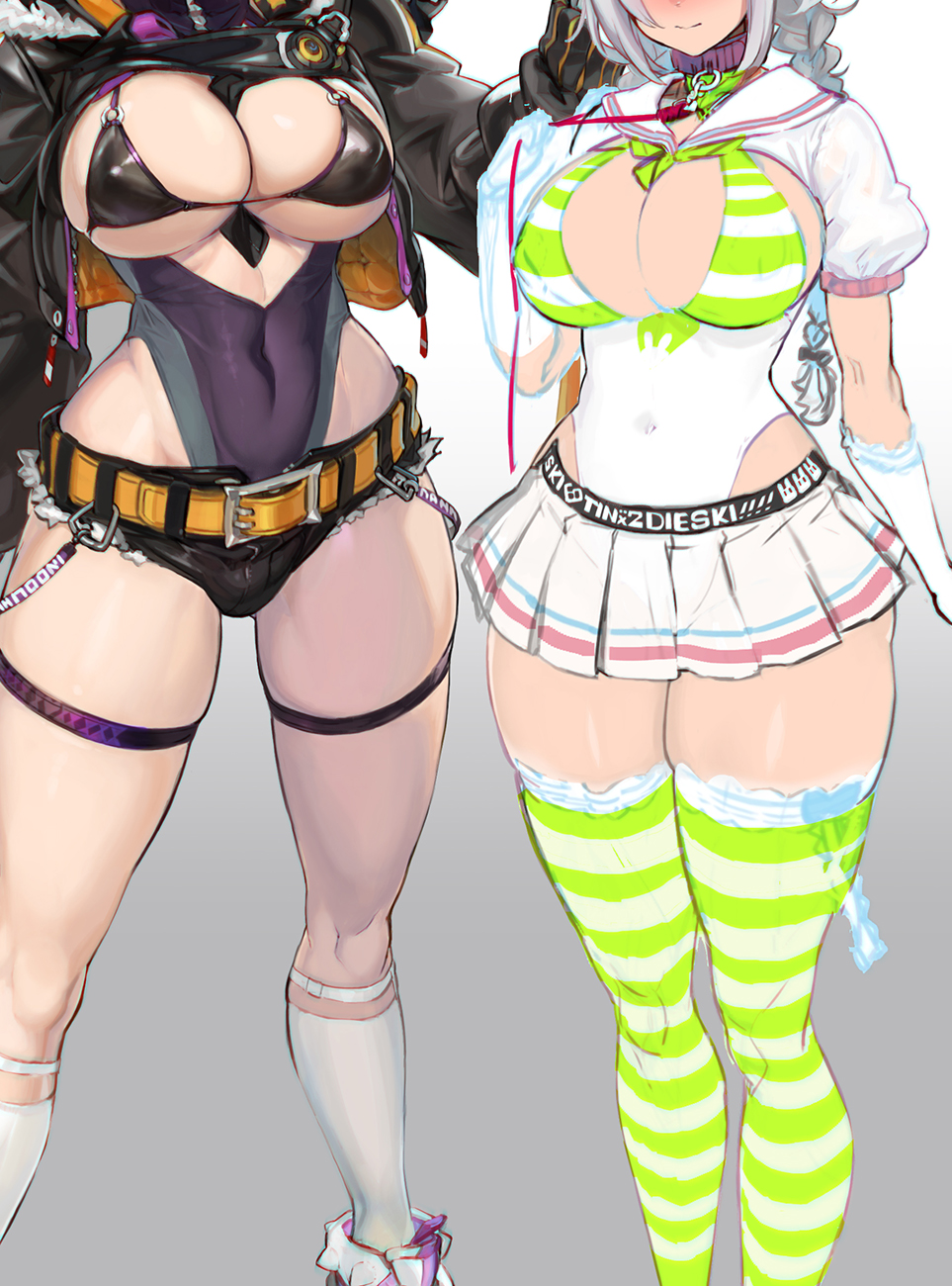 2girls belt belt_buckle between_breasts bikini bikini_top_only black_bikini breasts buckle cleavage collar fingerless_gloves gloves highres huge_breasts kisara_(ookuma_nekosuke) kneehighs leotard leotard_under_clothes micro_bikini multiple_girls navel ookuma_nekosuke original socks striped_bikini striped_bikini_top striped_clothes striped_thighhighs swimsuit thighhighs underboob white_footwear