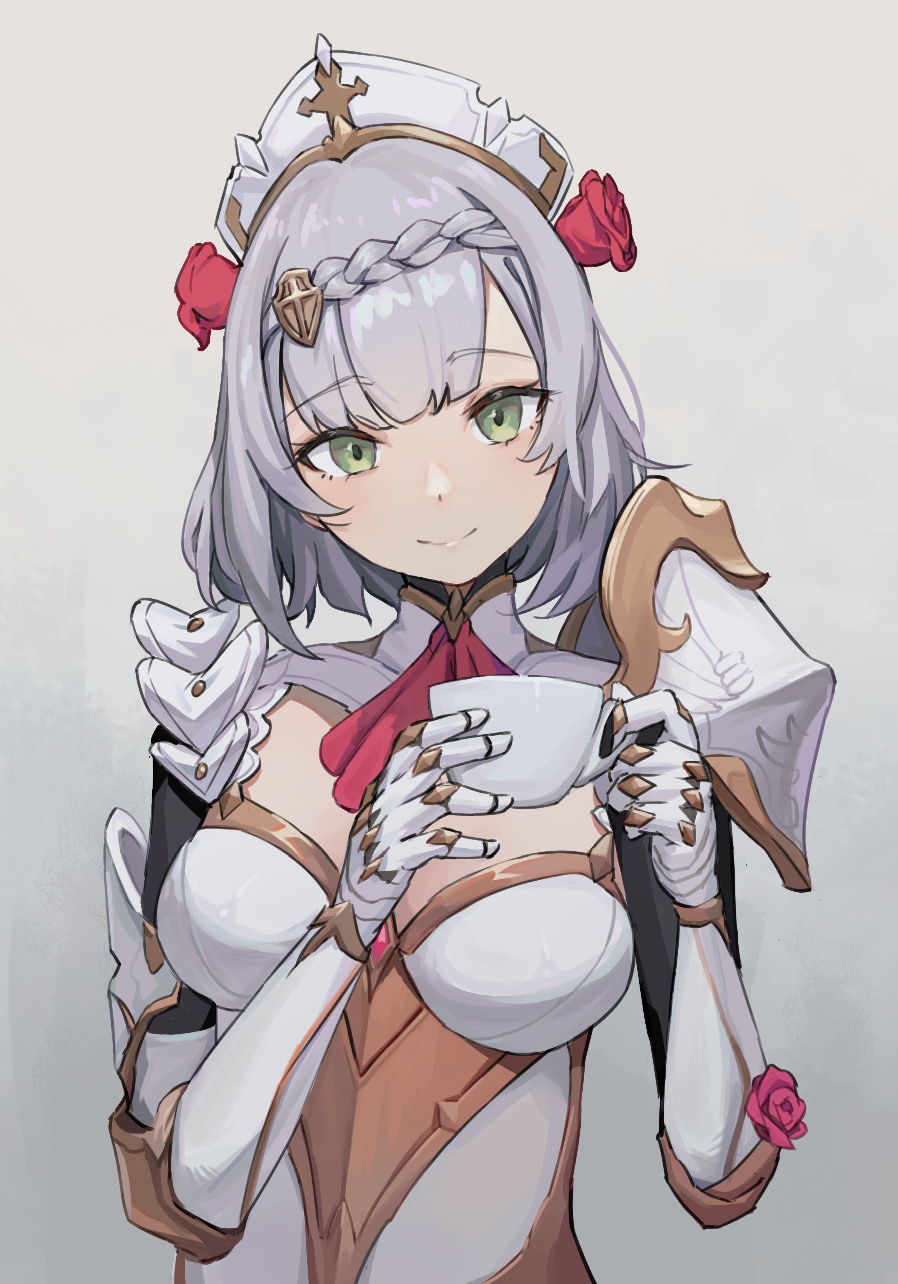 1girl absurdres armor boobplate braid breastplate breasts combat_maid cup female_focus flower hair_flower gauntlets genshin_impact gloves green_eyes head_tilt highres holding holding_cup kuweichuanxin_jr maid maid_headdress medium_breasts noelle_(genshin_impact) pauldrons rose short_hair shoulder_armor silver_hair smile solo teacup upper_body white_gloves