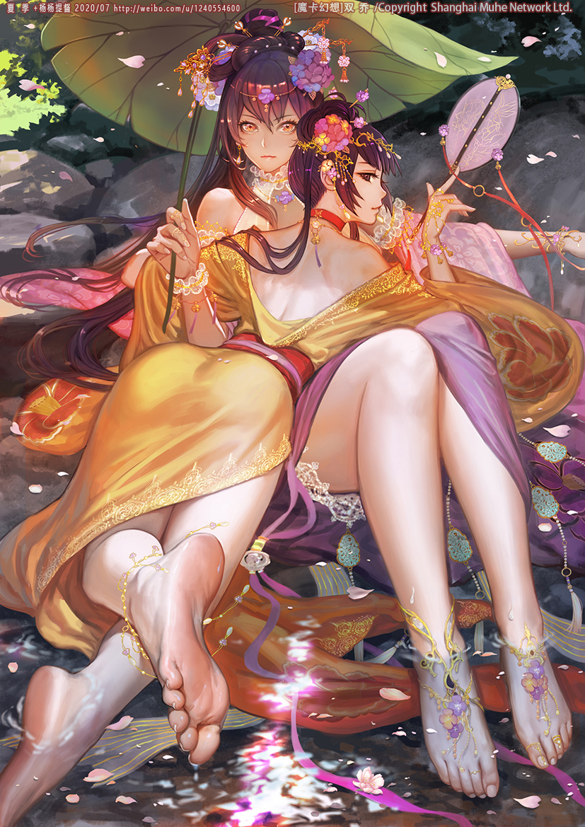 2girls anklet armlet ass back barefoot barefoot_sandals_(jewelry) bracelet choker circlet dress earrings flower foot_focus foreshortening giant_leaf girl_on_top hair_flower hair_ornament hand_fan headdress japanese_clothes jewelry kimono leaf_umbrella legs long_hair looking_at_viewer looking_back lotus multiple_girls nature necklace official_art original petals petals_on_liquid pond purple_hair rock scrunchie soles toe_ring toes water wrist_scrunchie xiaji yellow_eyes yuri