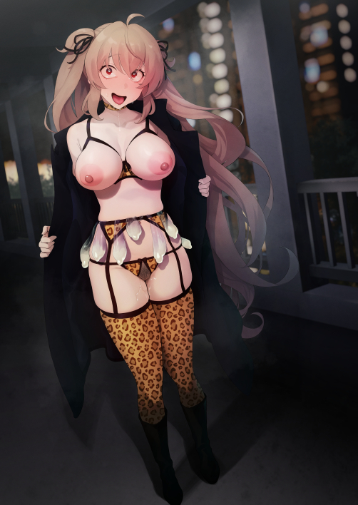1girl animal_print black_ribbon blurry blurry_background blush boots bra breasts brown_hair choker coat condom condom_belt crotchless crotchless_panties cupless_bra exhibitionism female_pubic_hair full_body garter_belt garter_straps hair_between_eyes hair_flaps hair_ribbon kantai_collection large_breasts leopard_print long_hair looking_at_viewer murasame_(kancolle) murasame_kai_ni_(kancolle) night nipples open_clothes open_coat open_mouth outdoors panties pubic_hair public_indecency pussy_juice red_eyes ribbon solo standing thighhighs tkhs two_side_up underwear used_condom very_long_hair