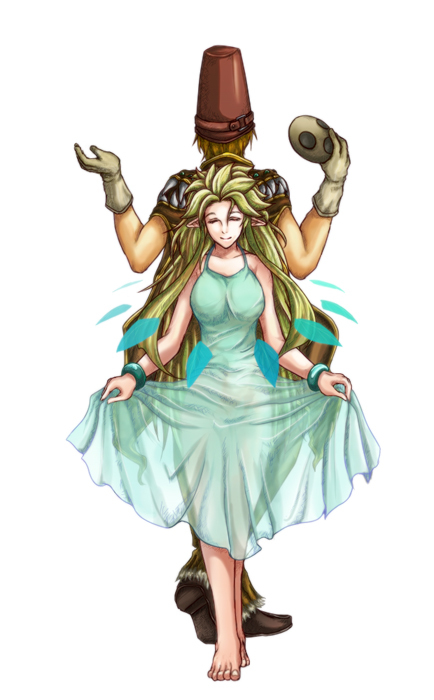 1boy 1girl barefoot blue_dress breasts brown_cape brown_hair brown_hat cape closed_eyes closed_mouth commentary_request creator_(ragnarok_online) curtsey daike_(yataka) dress full_body gloves green_hair grey_gloves hat holding holding_mask large_breasts lif_(ragnarok_online) long_hair mask pointy_ears ragnarok_online simple_background smile toenails white_background