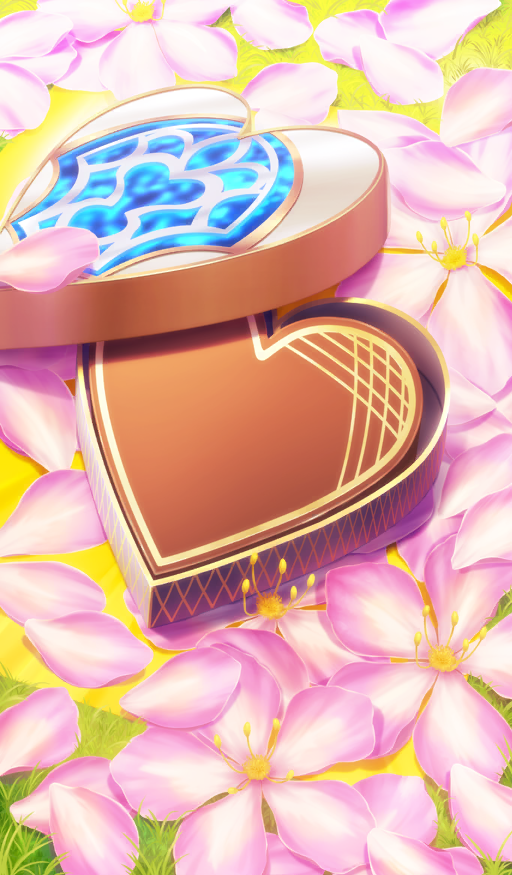 box candy chocolate chocolate_heart commentary fate/grand_order fate_(series) flower flower_request food food_focus gift gift_box grass heart heart-shaped_box heart-shaped_food in_box in_container lid marmyadose_(fate) no_humans official_art open_box petals pink_flower still_life third-party_source xxxxay