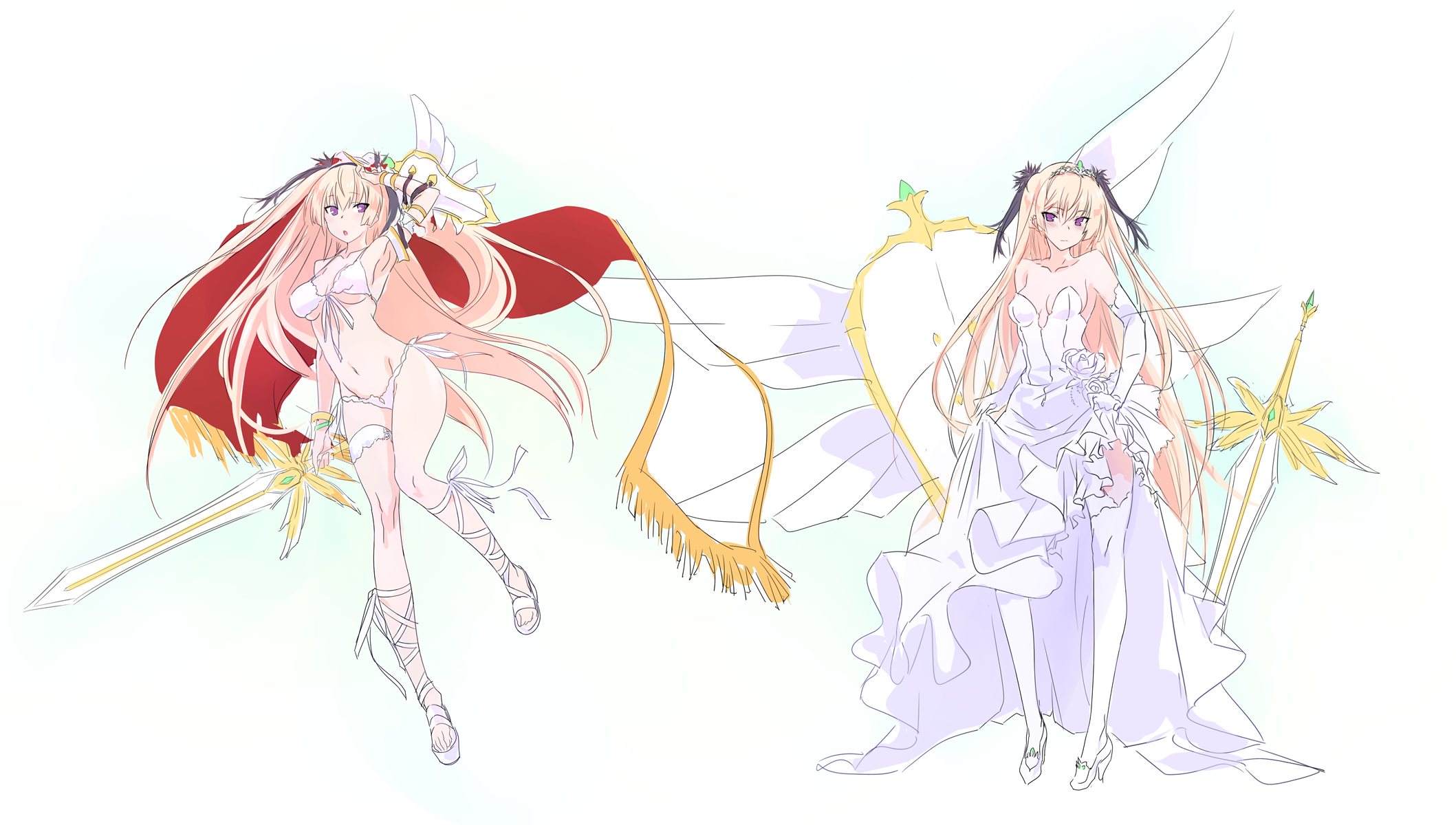 altair_(sennen_sensou_aigis) bikini blonde_hair dress headband highres kawagishi_keitarou long_hair midriff purple_eyes sennen_sensou_aigis swimsuit sword very_long_hair wagi weapon wedding_dress