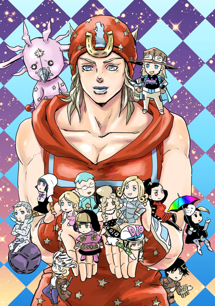 aqua_hair bad_id bad_pixiv_id bandaid bandaid_on_face black_hair blackmore blonde_hair blue_eyes blue_lips bob_cut braid breasts checkered_background chibi cleavage diego_brando disco_(sbr) dress facial_hair funny_valentine glasses goatee grey_hair gun gyro_zeppeli hair_ornament hairclip handgun hat high_ponytail holding horseshoe hot_pants_(sbr) johnny_joestar jojo_no_kimyou_na_bouken light_brown_hair lipstick lucy_steel makeup mask mountain_tim multicolored_hair multiple_boys multiple_girls muscular open_mouth pink_dress pink_hair ponytail revolver ryugue sandman_(sbr) scar scarlet_valentine scary_monsters_(stand) smile stand_(jojo) steel_ball_(jojo) steel_ball_run steven_steel sugar_mountain tail triangle_mouth tusk_(stand) twin_braids two-tone_hair umbrella weapon wekapipo