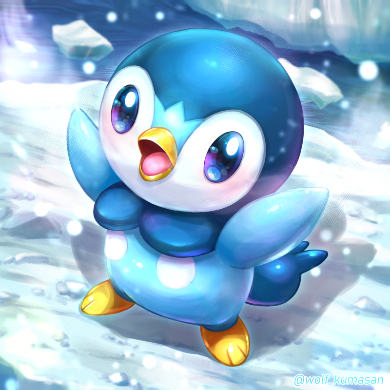 animal_focus arms_up artist_name beak bird blue_eyes blush commentary_request day full_body gen_4_pokemon ice kumaoka_pon looking_at_viewer nintendo no_humans open_mouth outdoors penguin piplup pokemon pokemon_(creature) shadow snow snowing standing tongue twitter_username water wings
