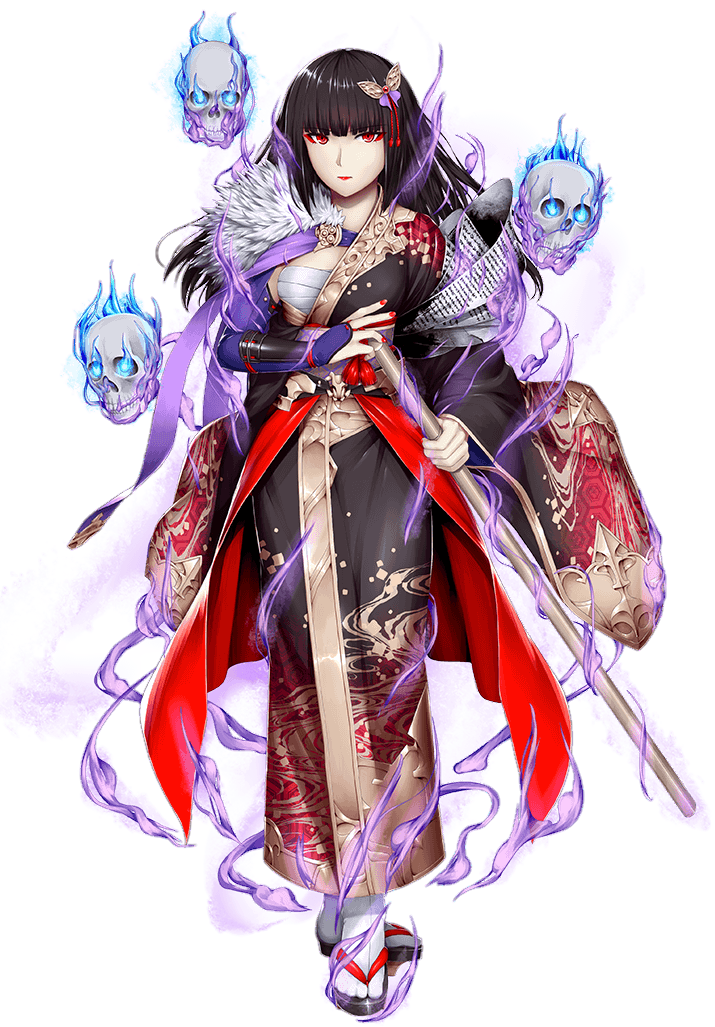 1girl artist_request bad_source breasts brown_hair chest_sarashi floating_skull full_body game_cg hair_ornament holding japanese_clothes official_art red_eyes red_lips red_nails sarashi sennen_sensou_aigis shino_(sennen_sensou_aigis) solo third-party_source transparent_background