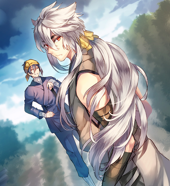 10s 2boys ^_^ bandana bishounen blue_hair bow closed_eyes dutch_angle closed_eyes fang hair_bow hand_on_own_hip japanese_clothes kogitsunemaru male_focus mikazuki_munechika multiple_boys ponytail red_eyes tenkuu_sphere touken_ranbu white_hair