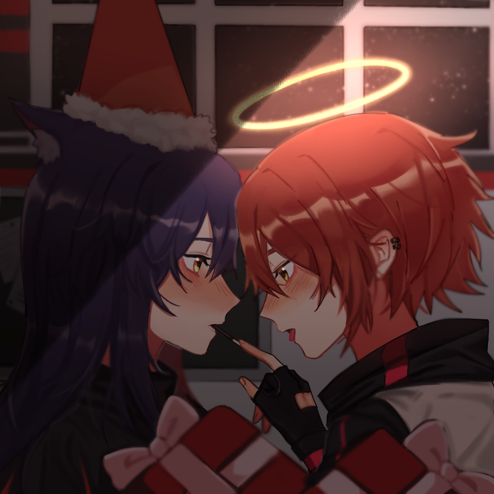 2girls animal_ear_fluff animal_ears arknights birthday black_capelet black_gloves black_hair blush box capelet chinese_commentary closed_mouth commentary ear_piercing english_commentary exusiai_(arknights) face-to-face fingerless_gloves food forehead-to-forehead from_side gift gift_box gloves hair_between_eyes halo happy_birthday hat heads_together jacket kotori_(b-i-r-d) long_hair mixed-language_commentary multiple_girls open_mouth party_hat piercing pocky profile red_hair red_headwear shade short_hair texas_(arknights) tongue tongue_out upper_body white_jacket wolf_ears yellow_eyes yuri