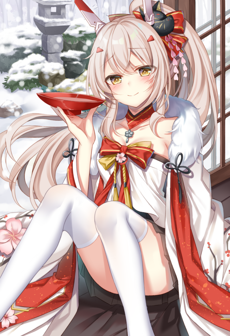 1girl alcohol ayanami_(azur_lane) ayanami_(pulse_of_the_new_year)_(azur_lane) azur_lane breasts bush closed_mouth collarbone commentary_request crossed_bangs cup fox_mask fur-trimmed_kimono fur_trim hair_between_eyes hair_ornament hair_ribbon head_tilt japanese_clothes kanzashi kimono long_hair looking_at_viewer mask mask_on_head platinum_blonde_hair ponytail red_ribbon ribbon sakazuki sake shouji sidelocks sitting sliding_doors small_breasts smile snow snowing solo stone_lantern sugisaki_yuu thighhighs veranda white_kimono white_thighhighs wooden_floor yellow_eyes