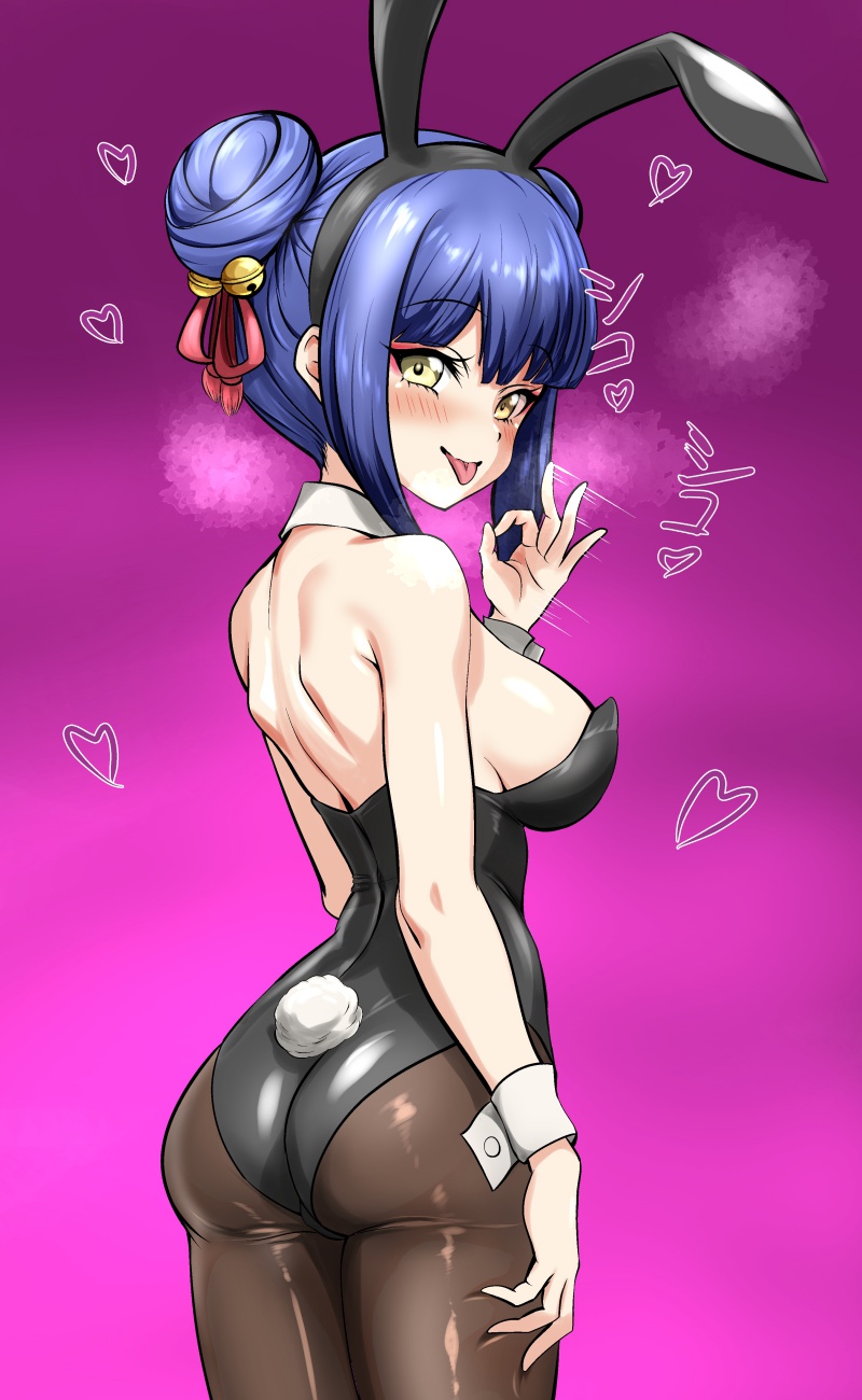 1girl animal_ears ass bell black_leotard black_pantyhose blue_hair blush breasts double_bun fake_animal_ears fake_tail hair_bell hair_bun hair_ornament handjob_gesture jashin-chan_dropkick kyon-kyon_(jashin-chan_dropkick) large_breasts leotard looking_at_viewer looking_back pantyhose playboy_bunny purple_background rabbit_ears rabbit_tail simple_background solo standing tail tongue tongue_out ufufuto wrist_cuffs yellow_eyes