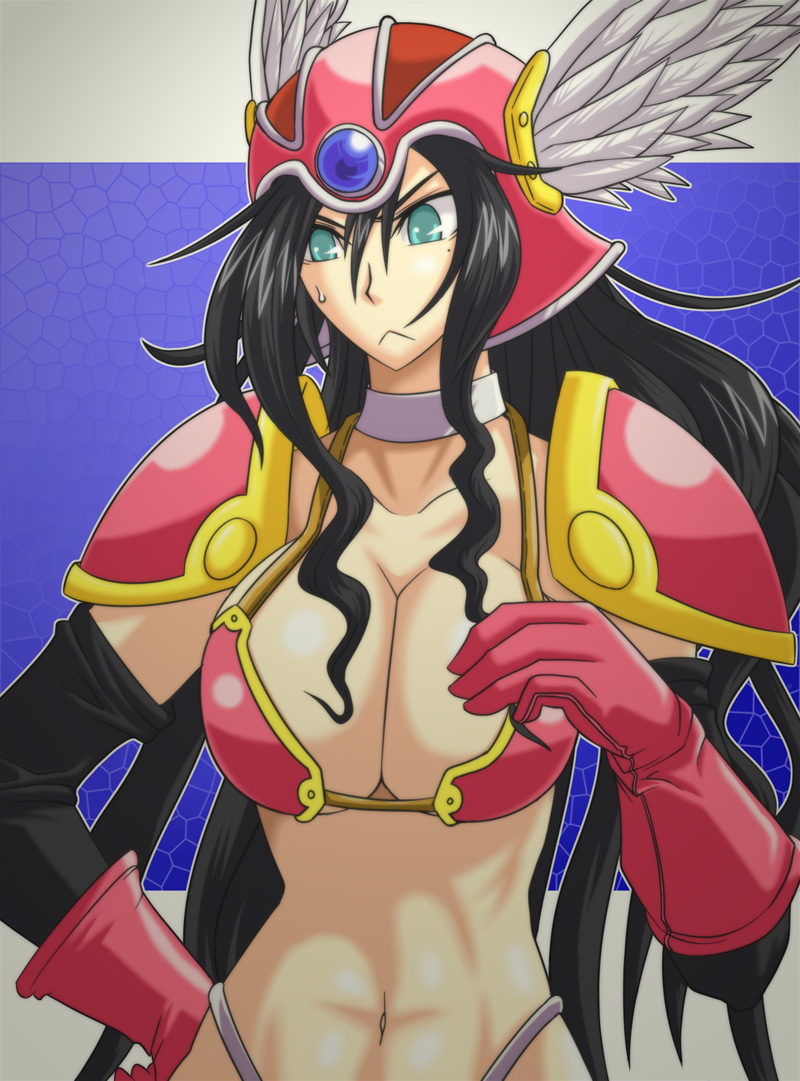 1girl :&lt; armor bikini_armor black_hair breasts choker chunsoft cleavage cosplay deborah_(dq5) dragon_quest dragon_quest_iii dragon_quest_v elbow_gloves enix female_focus gloves green_eyes helmet medium_breasts mole mole_under_eye warrior_(dq3) solo tonda warrior_(dq3)_(cosplay)