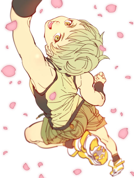 10s 1girl blonde_hair blurry depth_of_field female_focus from_above green_eyes huang_pao-lin jumping mamemo_(daifuku_mame) shoes short_hair shorts sneakers solo tank_top tiger_&amp;_bunny tomboy