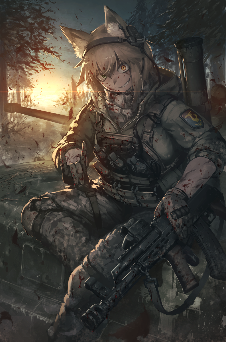 1girl animal_ear_fluff animal_ears assault_rifle blonde_hair blood blood_on_arm blood_on_clothes blood_on_face camouflage camouflage_jacket camouflage_pants commission dated_commentary feet_out_of_frame fox_shadow_puppet gloves grey_eyes grin gun headset heterochromia hetza_(hellshock) highres holding holding_weapon jacket looking_at_viewer magazine_(weapon) medium_hair military military_vehicle motor_vehicle original outdoors pants rifle rocket_launcher sitting skeb_commission sky slit_pupils smile solo sun tank tree twilight weapon yellow_eyes