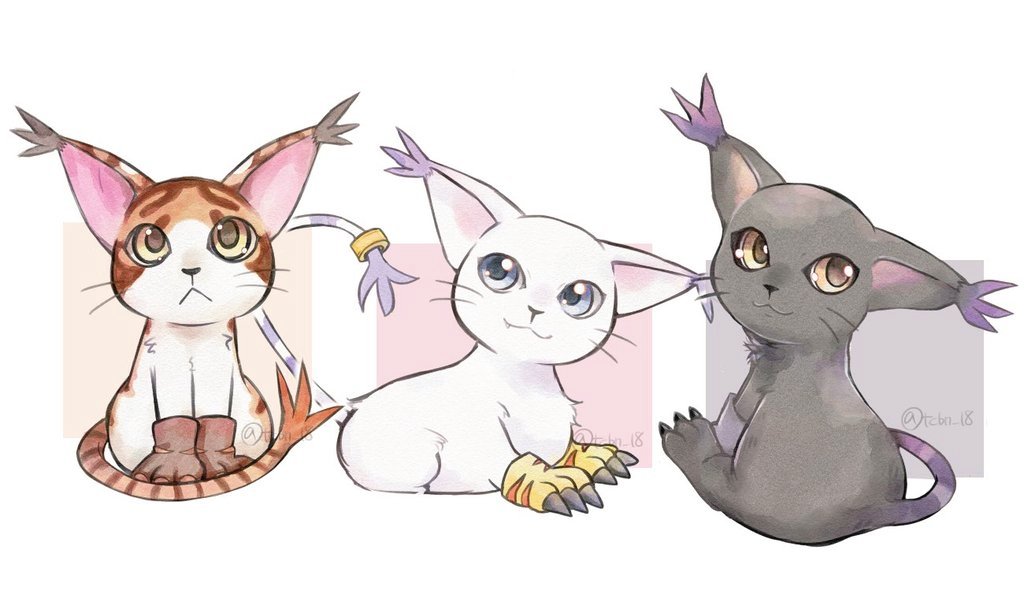 animal_focus black_fur blacktailmon blue_eyes body_fur brown_fur cat digimon digimon_(creature) full_body group_picture mikemon no_humans rikka_(tcbn_18) simple_background tail tail_ornament tail_ring tailmon white_background white_fur yellow_eyes