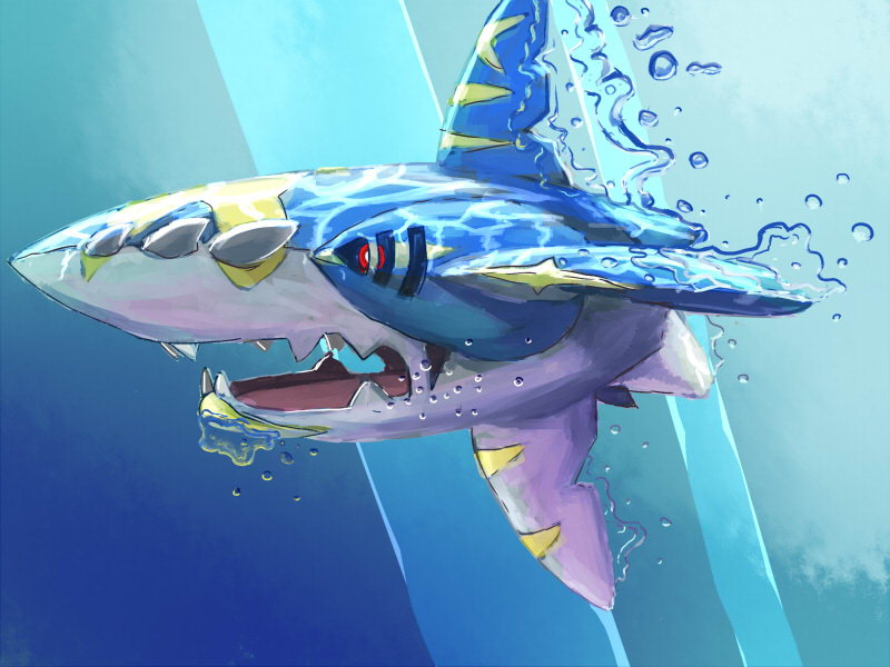 00s 10s air_bubble bad_id bad_pixiv_id bubble caustics fins fuujin_(sajinnarashi) gen_3_pokemon huuzin jaw light_rays mega_pokemon mega_sharpedo nintendo no_humans pokemon pokemon_(creature) pokemon_oras pokemon_rse red_eyes scar shark sharp_teeth sharpedo solo spikes sunbeam sunlight teeth underwater