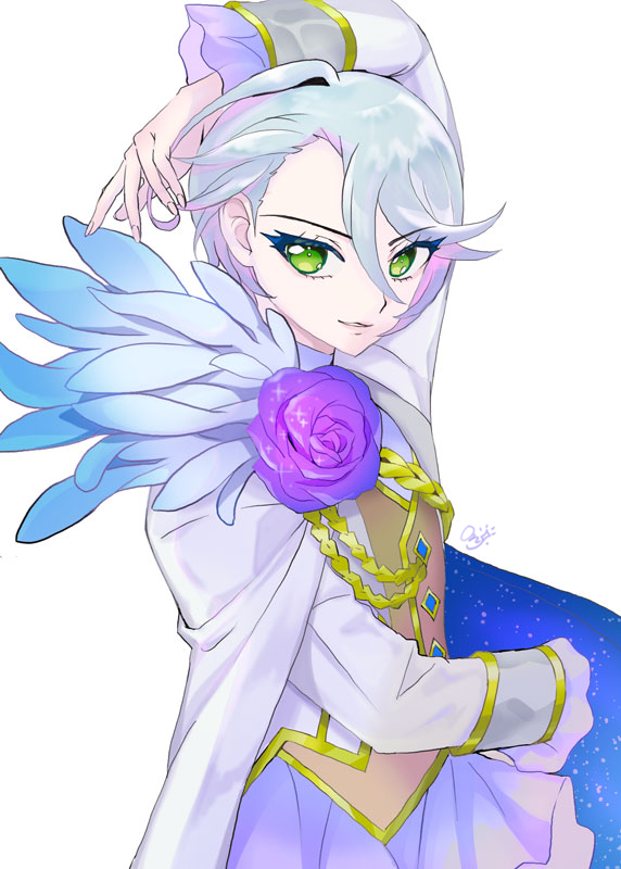 1girl aiguillette androgynous arm_behind_head arm_up bad_id bad_twitter_id cape feathers flower gold_trim green_eyes grey_hair hair_between_eyes idol_clothes jacket long_sleeves looking_at_viewer mdr_onj1807 open_mouth pretty_series pripara purple_flower purple_rose reverse_trap rose shikyoin_hibiki short_hair simple_background smile solo upper_body white_background white_cape white_jacket