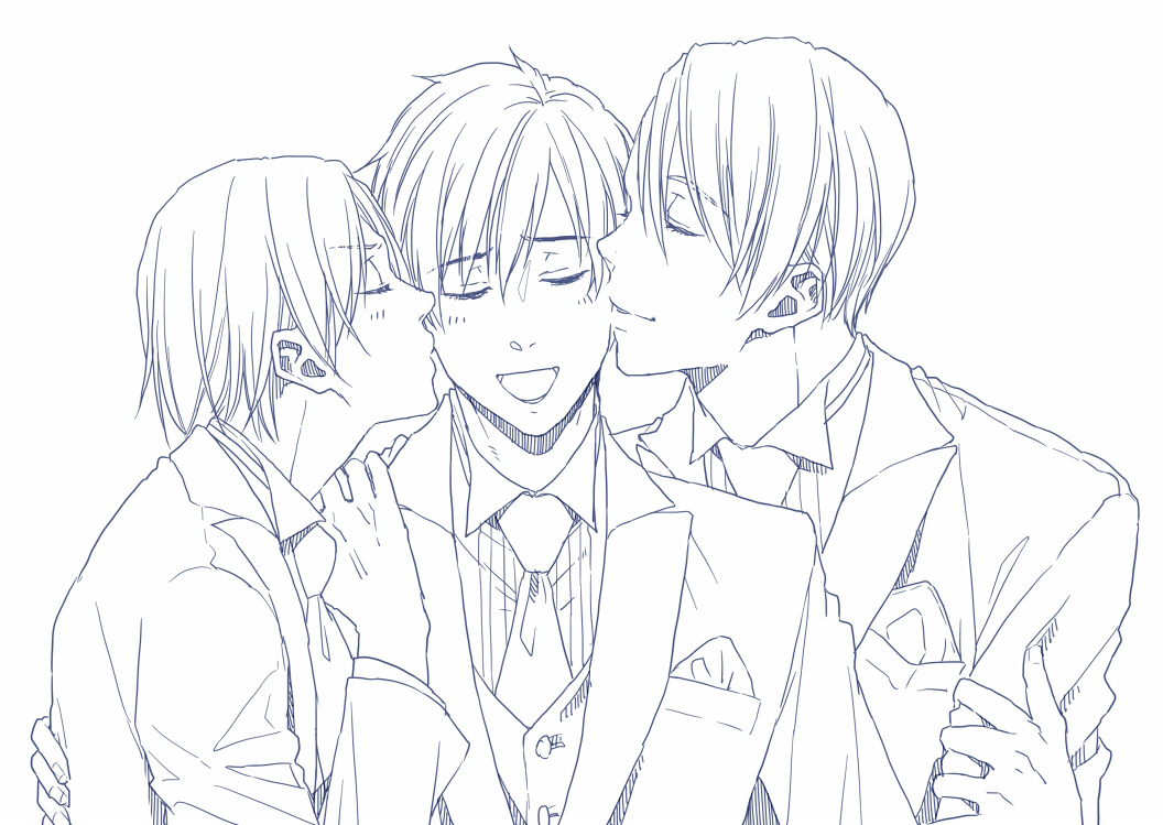 3boys blazer boy_sandwich kissing_cheek double_cheek_kiss closed_eyes jacket katsuki_yuuri kiss male_focus monochrome multiple_boys necktie open_mouth sandwiched smile t3_(19841230) viktor_nikiforov yaoi yuri!!!_on_ice yuri_plisetsky