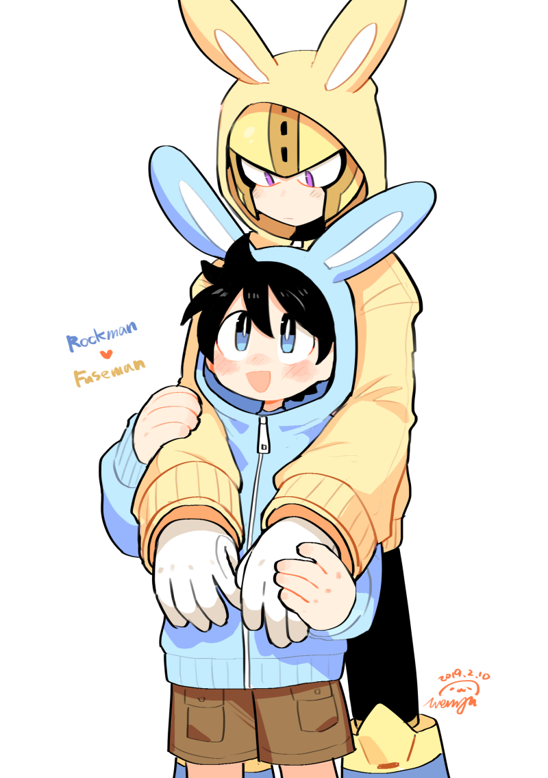 2boys android animal_ear_hood animal_ears armor behind_another black_bodysuit black_hair blue_eyes blue_hoodie blush bodysuit brown_shorts character_name commentary_request fake_animal_ears feet_out_of_frame fuse_man gloves heart helmet hood hoodie joints looking_at_another male_focus mega_man_(character) mega_man_(classic) mega_man_(series) mega_man_11 multiple_boys on_shoulder open_mouth purple_eyes rabbit_ears robot robot_joints short_hair shorts simple_background smile solo solo_focus standing wenyu white_background white_gloves yellow_armor yellow_headwear yellow_hoodie zipped zipped_hoodie zipper