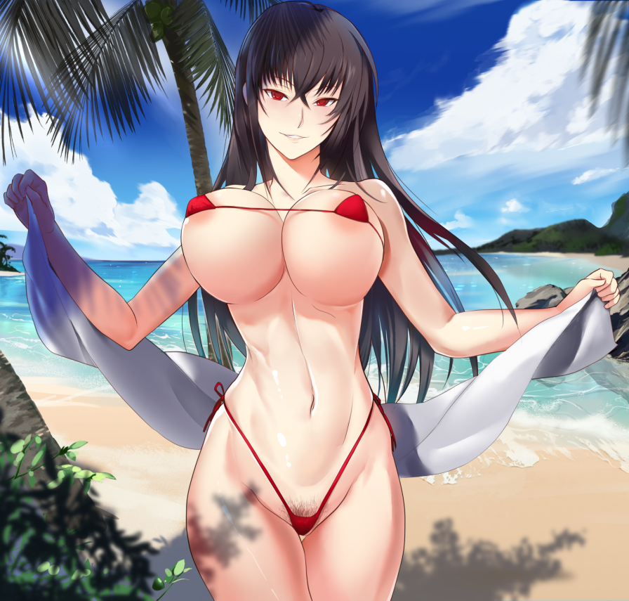 1girl areola_slip beach bikini black_hair bouncing_breasts breasts cloud curvy day female_pubic_hair hair_between_eyes highleg highleg_bikini kawakami_momoyo large_breasts long_hair looking_at_viewer maji_de_watashi_ni_koi_shinasai! micro_bikini mikazuki_shigure navel ocean outdoors parted_lips pubic_hair red_bikini red_eyes side-tie_bikini_bottom sky smile string_bikini swimsuit towel tree very_long_hair