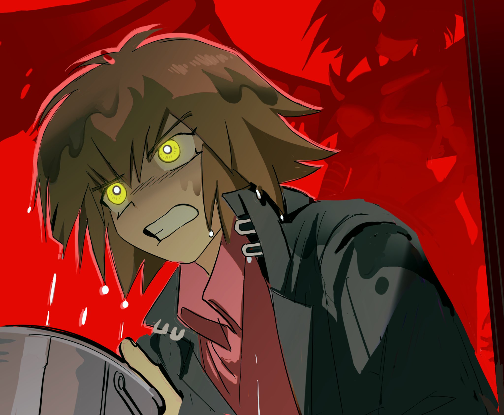 1boy 1other black_jacket brown_hair highres jacket male_focus medium_hair red_background red_shirt shirt simple_background solo_focus upper_body wet yellow_eyes yoon_da1297 yu-gi-oh! yu-gi-oh!_gx yubel yuki_judai