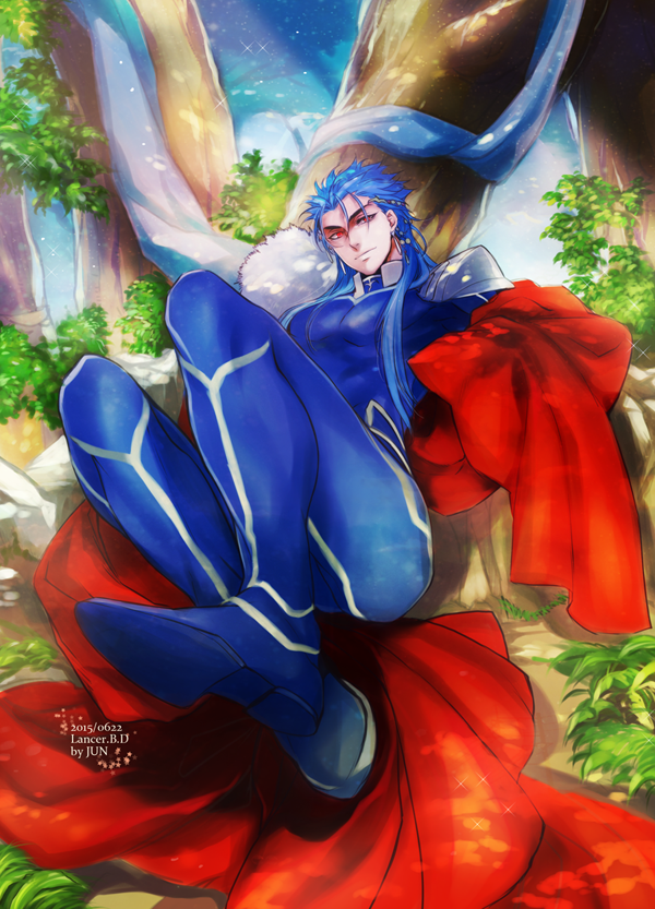 1boy artist_name blue_hair bodysuit cape character_name cu_chulainn_(fate) cu_chulainn_(fate/stay_night) dated fate/stay_night fate_(series) feet jun_(ash) long_hair male_focus ponytail red_eyes shoe_soles solo