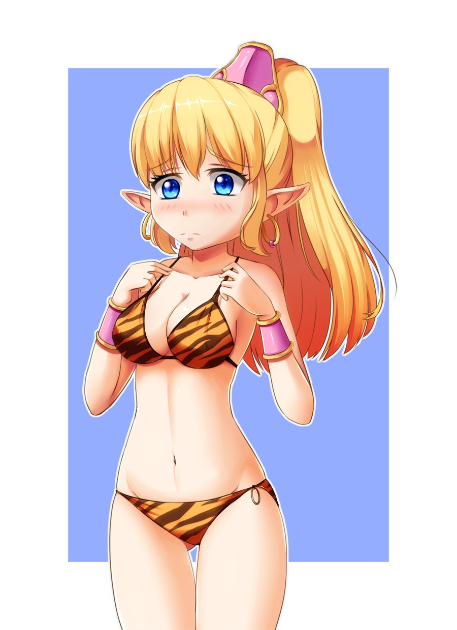 1girl animal_costume animal_print bikini blonde_hair blue_eyes blush bracer earrings frown highres jewelry long_hair navel pointy_ears ponytail primm_(seiken_densetsu_2) razorkun seiken_densetsu seiken_densetsu_2 solo swimsuit tiger_costume tiger_print tiger_print_bikini