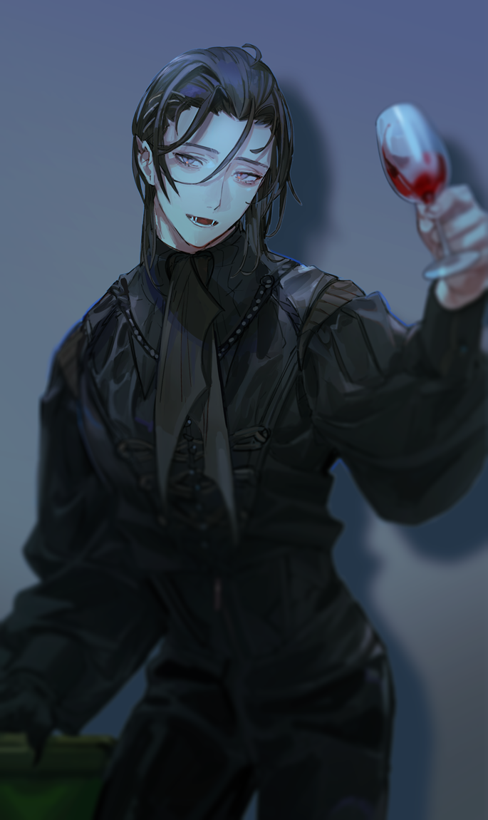 1boy :d alcohol alternate_costume alternate_hairstyle ascot black_ascot black_corset black_gloves black_hair black_pants black_shirt book corset cowboy_shot cup drinking_glass fangs fate/grand_order fate_(series) gloves grey_background hair_down hair_slicked_back hand_up holding holding_book holding_cup kibadori_rue long_sleeves looking_at_viewer loose_hair_strand male_focus medium_hair open_mouth pants pointy_ears puffy_long_sleeves puffy_sleeves purple_eyes shadow shirt simple_background single_glove smile solo standing teeth vampire wine wine_glass yamanami_keisuke_(fate)