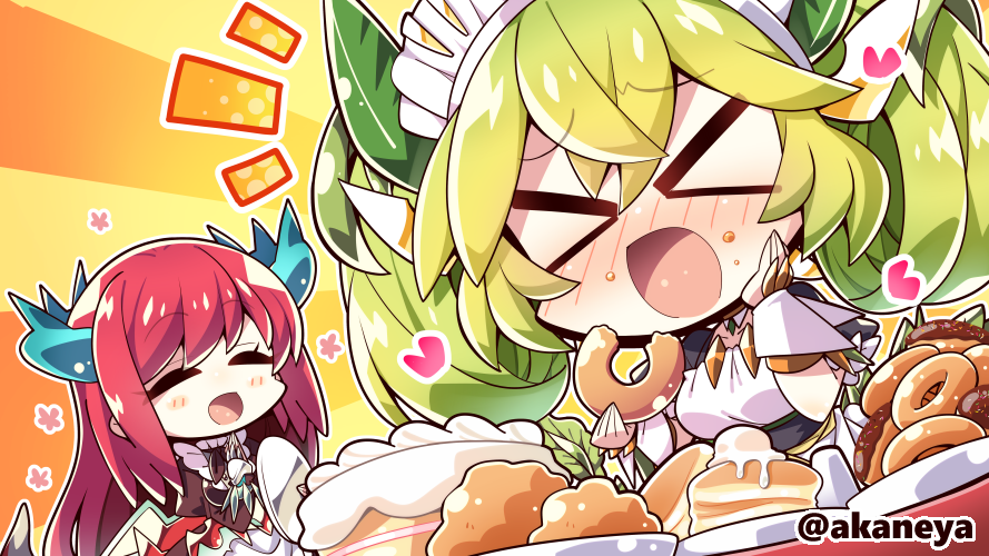 &gt;_&lt; 2girls akaneya apron blue_horns blush breasts cake chibi commission donut dragon_girl dragon_horns dragon_tail dress duel_monster eating food green_hair green_horns horns kitchen_dragonmaid lace-trimmed_apron lace_trim large_breasts long_hair long_sleeves maid maid_apron maid_headdress multiple_girls open_mouth pancake parlor_dragonmaid puffy_sleeves red_hair short_sleeves skeb_commission tail yu-gi-oh!