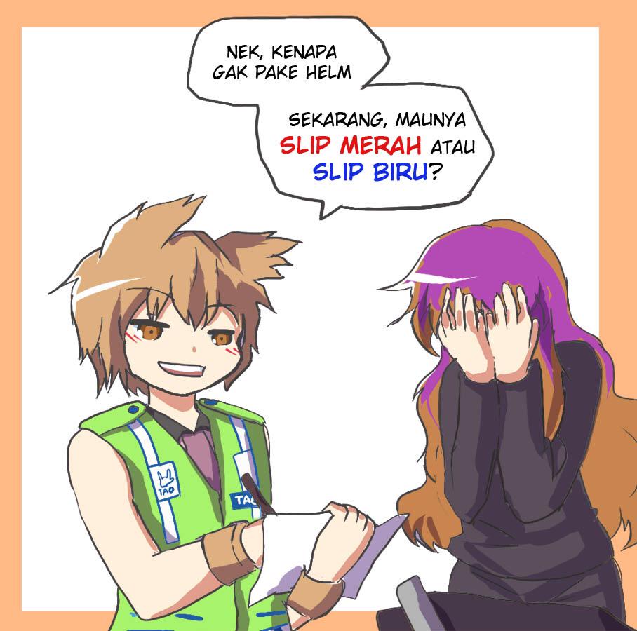 2girls bangle blonde_hair bracelet brown_hair gradient_hair hands_on_own_face high-visibility_clothing high-visibility_jacket high_visibility_jacket hijiri_byakuren indonesian_text jewelry kapiten70 long_sleeves motor_vehicle motorcycle multicolored_hair multiple_girls pointy_hair police purple_hair short_hair sleeveless smile teeth touhou toyosatomimi_no_miko translation_request vehicle vest writing