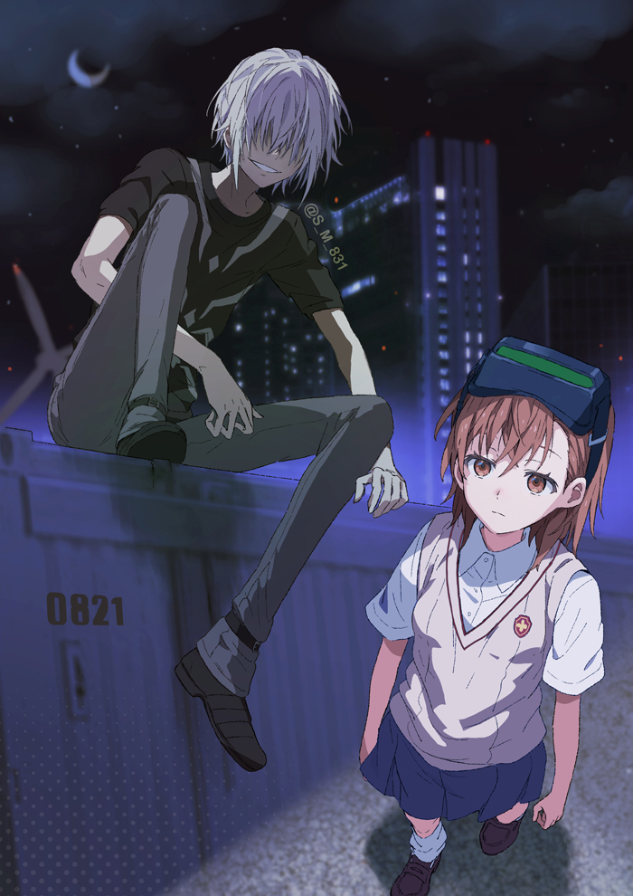 1boy 1girl academy_city accelerator_(toaru_majutsu_no_index) black_shirt brown_footwear brown_hair brown_sweater_vest collared_shirt crescent_moon expressionless grey_pants grey_skirt grin hair_over_eyes head-mounted_display loafers loose_socks miniskirt misaka_imouto moon night night_sky night_vision_device outdoors pants pleated_skirt s_m_831 school_emblem school_uniform shipping_container shirt shoes short_hair short_sleeves skirt sky smile socks summer_uniform sweater_vest toaru_kagaku_no_railgun toaru_majutsu_no_index tokiwadai_school_uniform white_hair white_shirt white_socks
